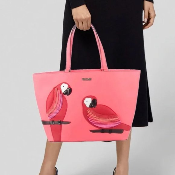 Kate Spade Talk The Talk leather parrot pink black red tote bag tropical tote - Picture 2 of 11